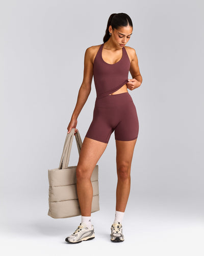 SoftMotion™ Racer Back Mid Tank Top with Built in Bra Shelf with Gray Logo | Velvet Mocha