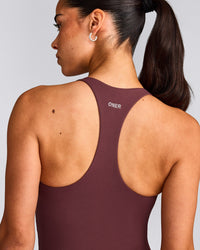 SoftMotion™ Racer Back Mid Tank Top with Built in Bra Shelf with Gray Logo | Velvet Mocha