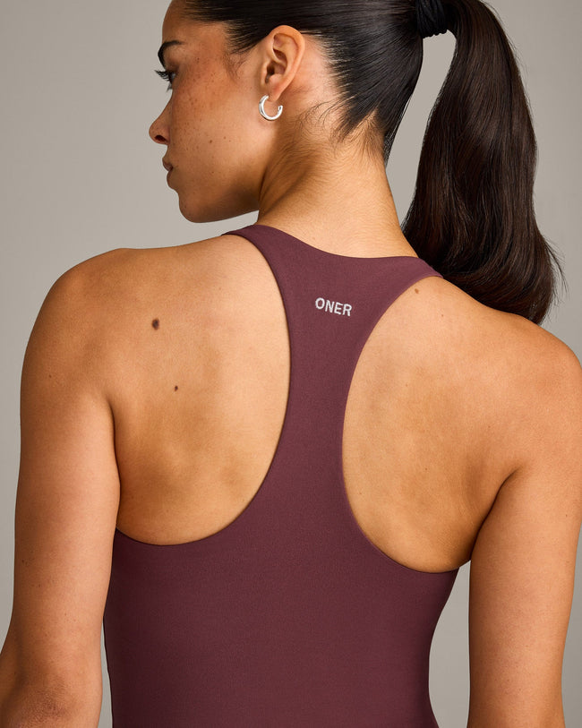 SoftMotion™ Racer Back Mid Vest with Built in Bra Shelf with Gray Logo | Velvet Mocha