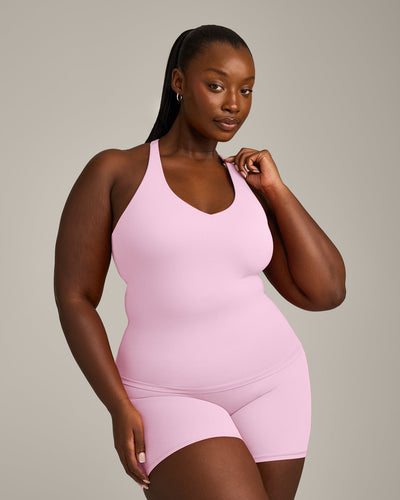 SoftMotion™ Racer Back Vest with Built in Bra Shelf with Gray Logo | Chalk Pink