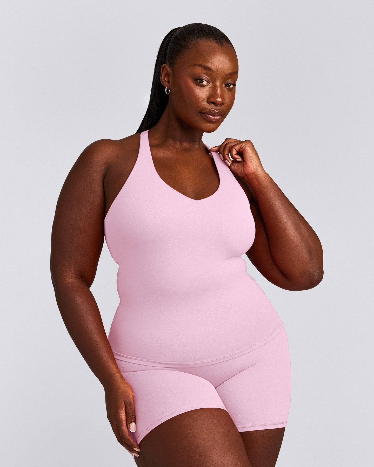 SoftMotion™ Racer Back Tank Top with Built in Bra Shelf with Gray Logo | Chalk Pink