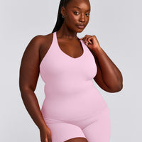 SoftMotion™ Racer Back Tank Top with Built in Bra Shelf with Gray Logo | Chalk Pink