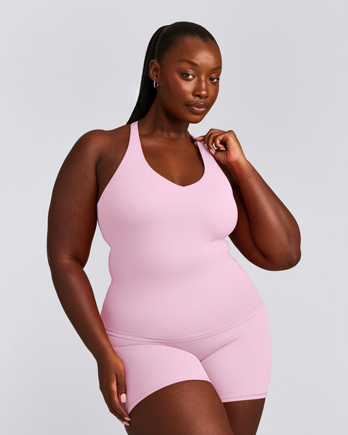 SoftMotion™ Racer Back Tank Top with Built in Bra Shelf with Gray Logo | Chalk Pink