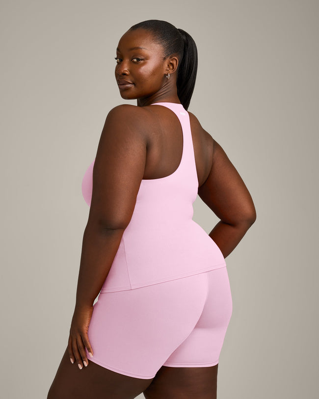 SoftMotion™ Racer Back Vest with Built in Bra Shelf with Gray Logo | Chalk Pink