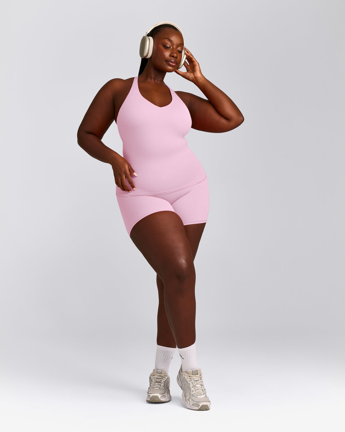 SoftMotion™ Racer Back Tank Top with Built in Bra Shelf with Gray Logo | Chalk Pink