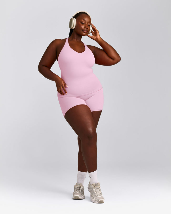SoftMotion™ Racer Back Tank Top with Built in Bra Shelf with Gray Logo | Chalk Pink