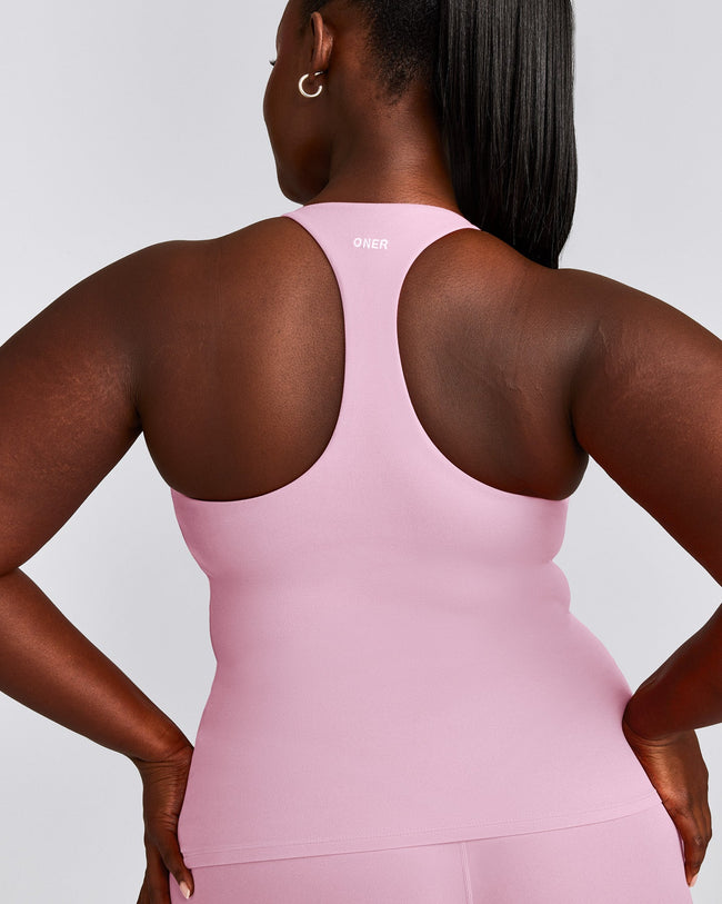 SoftMotion™ Racer Back Tank Top with Built in Bra Shelf with Gray Logo | Chalk Pink