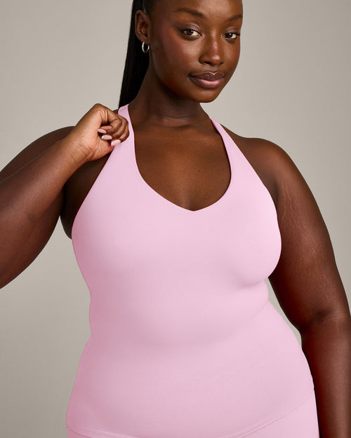 SoftMotion™ Racer Back Tank Top with Built in Bra Shelf with Gray Logo | Chalk Pink