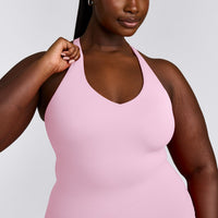 SoftMotion™ Racer Back Tank Top with Built in Bra Shelf with Gray Logo | Chalk Pink