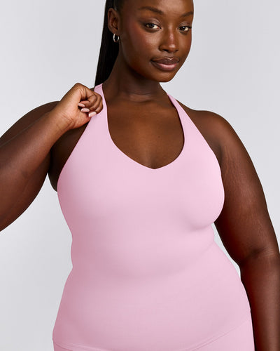 SoftMotion™ Racer Back Tank Top with Built in Bra Shelf with Gray Logo | Chalk Pink