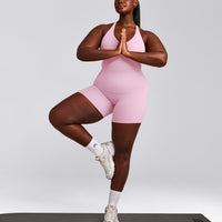 SoftMotion™ Racer Back Tank Top with Built in Bra Shelf with Gray Logo | Chalk Pink