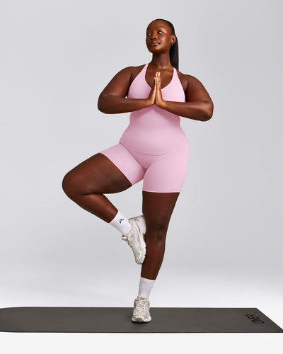 SoftMotion™ Racer Back Tank Top with Built in Bra Shelf with Gray Logo | Chalk Pink