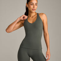 SoftMotion™ Racer Back Vest with Built in Bra Shelf with Gray Logo | Dark Khaki