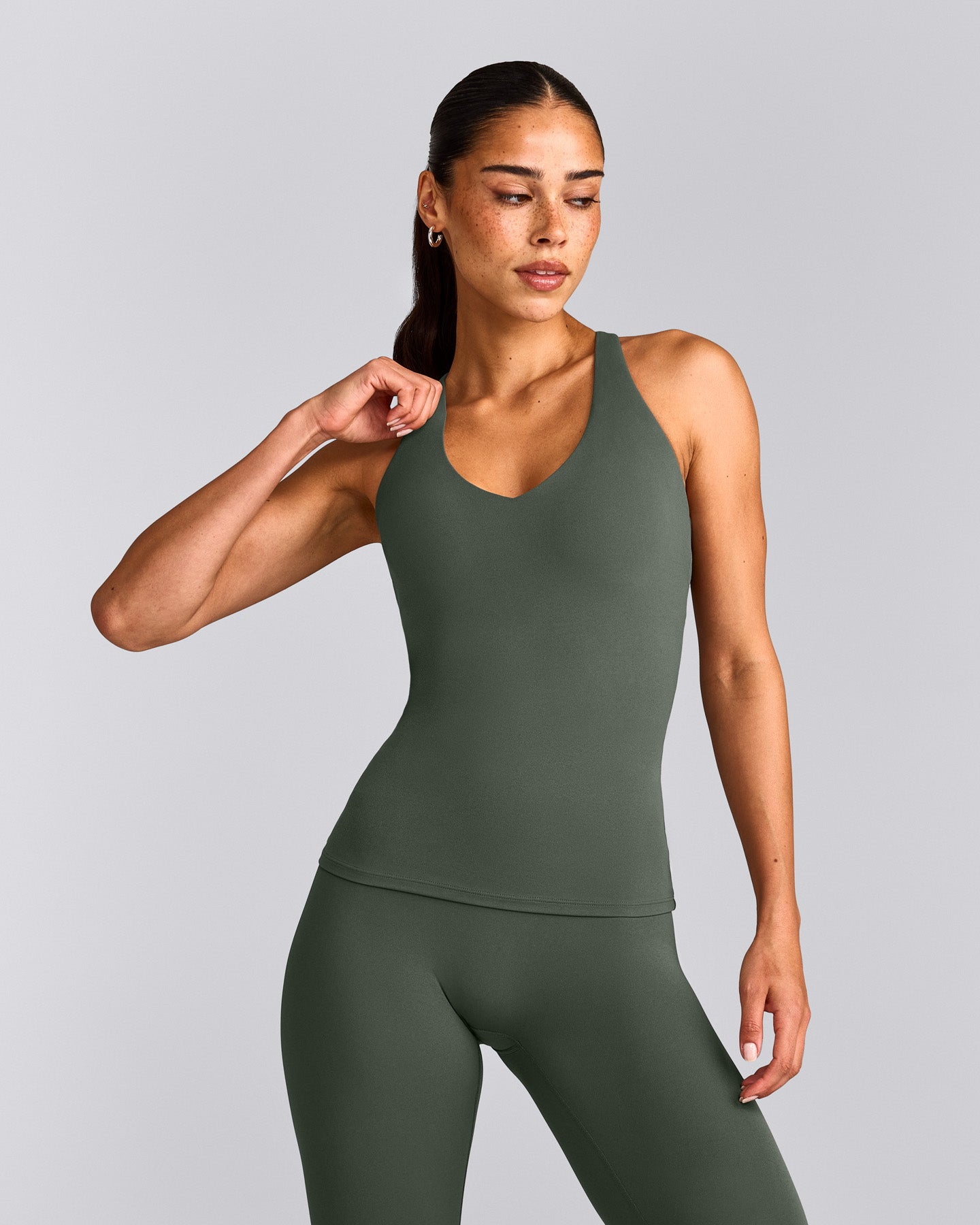 SoftMotion™ Racer Back Tank Top with Built in Bra Shelf with Gray Logo | Dark Khaki