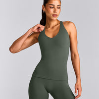 SoftMotion™ Racer Back Tank Top with Built in Bra Shelf with Gray Logo | Dark Khaki