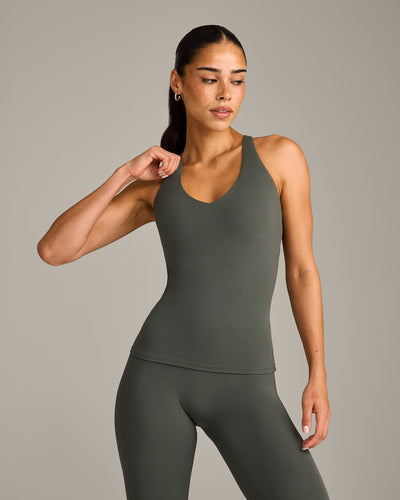 SoftMotion™ Racer Back Vest with Built in Bra Shelf with Gray Logo | Dark Khaki