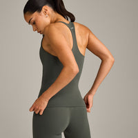 SoftMotion™ Racer Back Vest with Built in Bra Shelf with Gray Logo | Dark Khaki