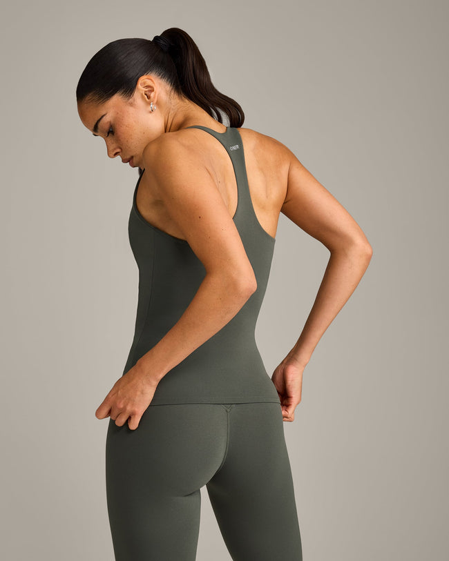 SoftMotion™ Racer Back Vest with Built in Bra Shelf with Gray Logo | Dark Khaki