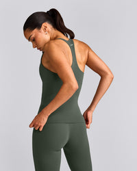 SoftMotion™ Racer Back Tank Top with Built in Bra Shelf with Gray Logo | Dark Khaki