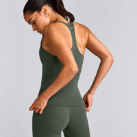 SoftMotion™ Racer Back Tank Top with Built in Bra Shelf with Gray Logo | Dark Khaki