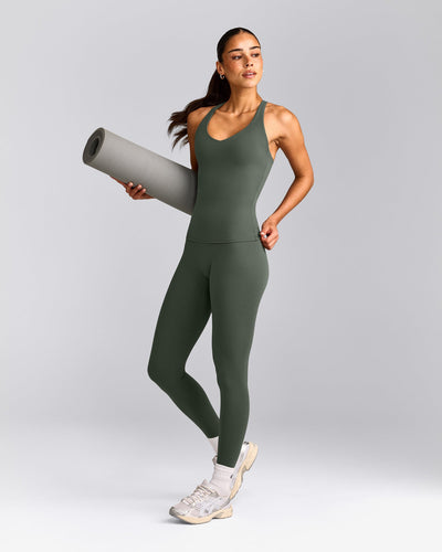 SoftMotion™ Racer Back Tank Top with Built in Bra Shelf with Gray Logo | Dark Khaki