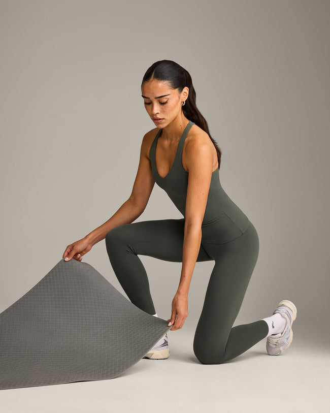 SoftMotion™ Racer Back Vest with Built in Bra Shelf with Gray Logo | Dark Khaki