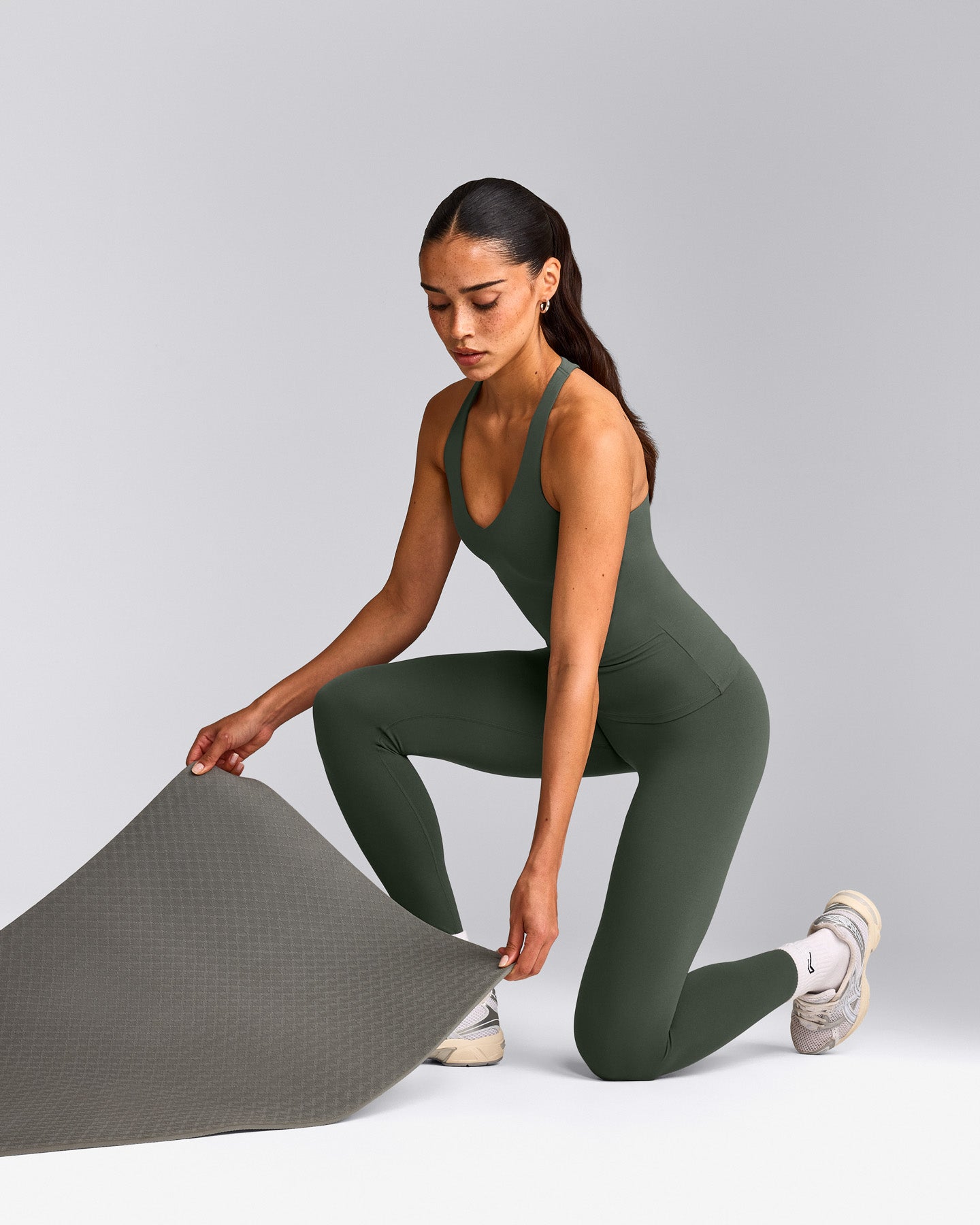 SoftMotion™ Racer Back Tank Top with Built in Bra Shelf with Gray Logo | Dark Khaki