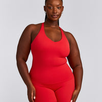 SoftMotion™ Racer Back Tank Top with Built in Bra Shelf with Gray Logo | Fiery Red
