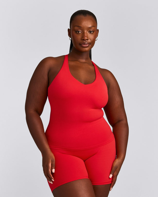 SoftMotion™ Racer Back Tank Top with Built in Bra Shelf with Gray Logo | Fiery Red