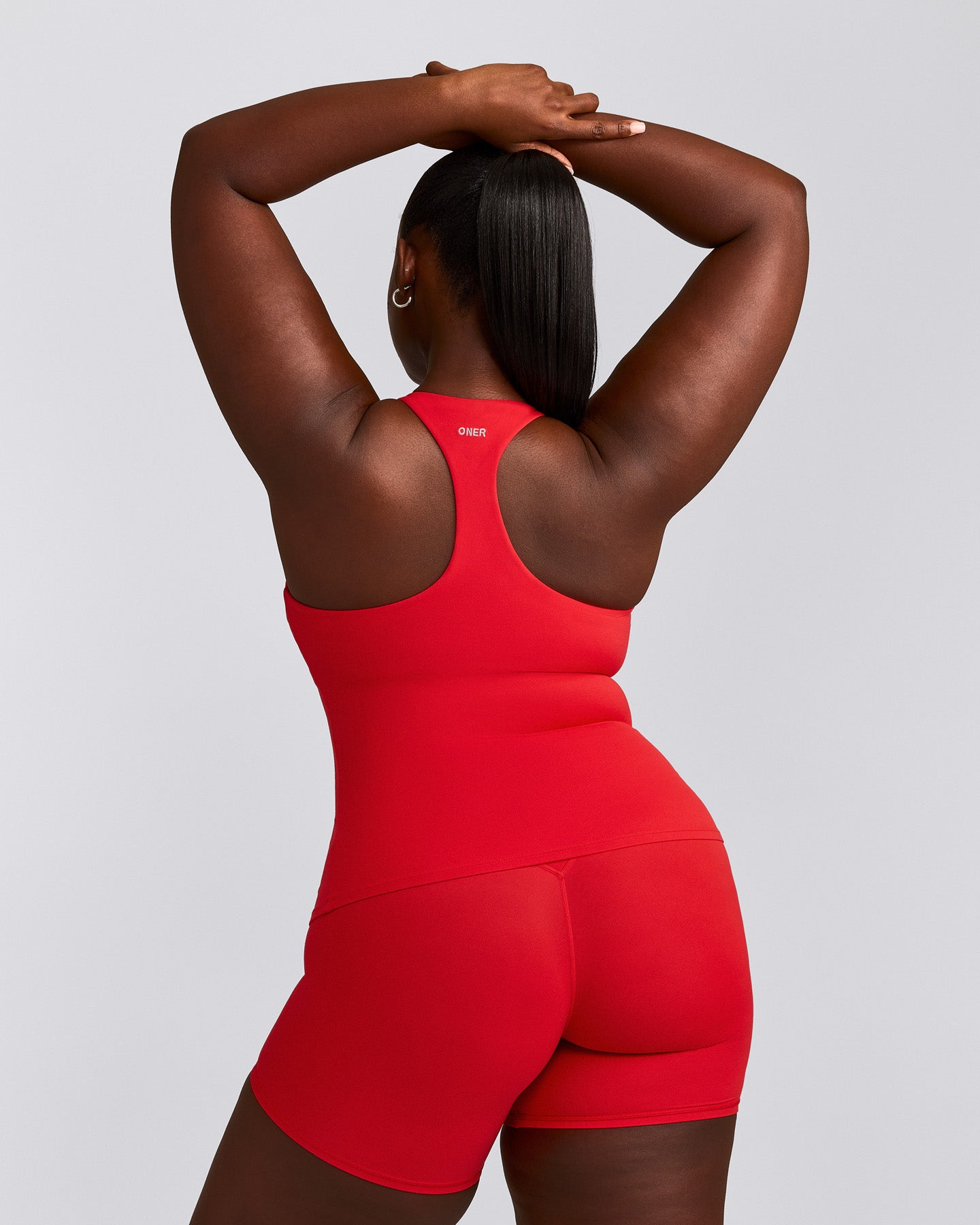 SoftMotion™ Racer Back Tank Top with Built in Bra Shelf with Gray Logo | Fiery Red