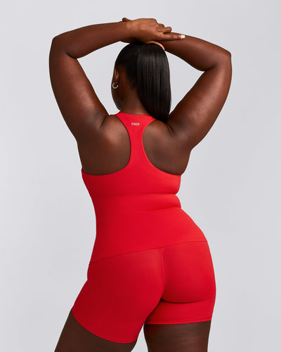 SoftMotion™ Racer Back Tank Top with Built in Bra Shelf with Gray Logo | Fiery Red
