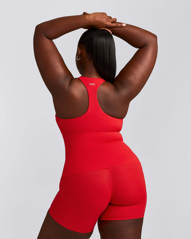 SoftMotion™ Racer Back Tank Top with Built in Bra Shelf with Gray Logo | Fiery Red