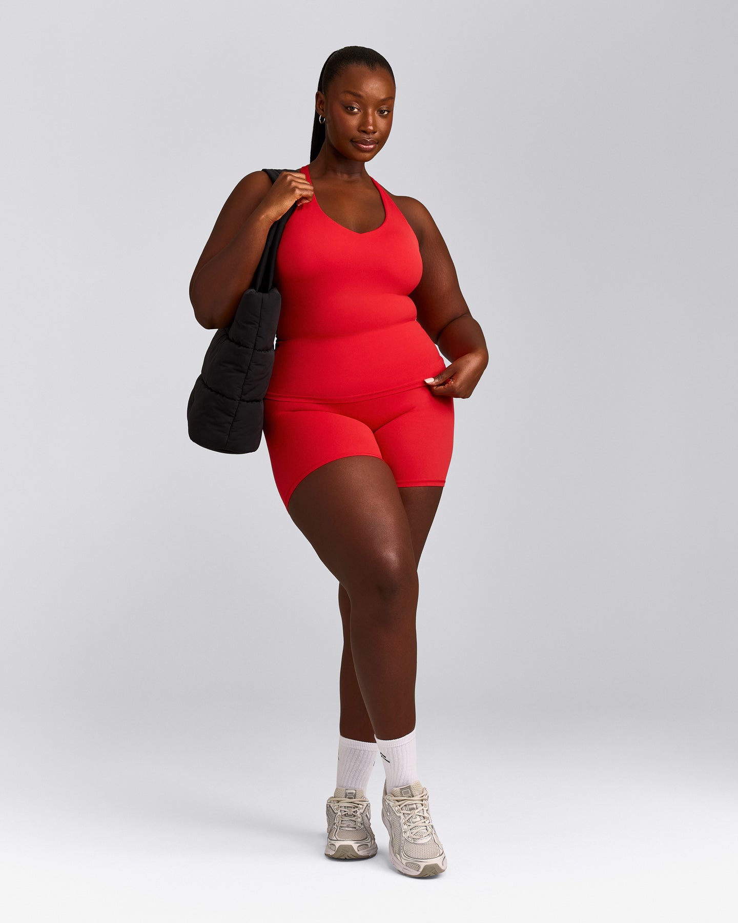 SoftMotion™ Racer Back Tank Top with Built in Bra Shelf with Gray Logo | Fiery Red