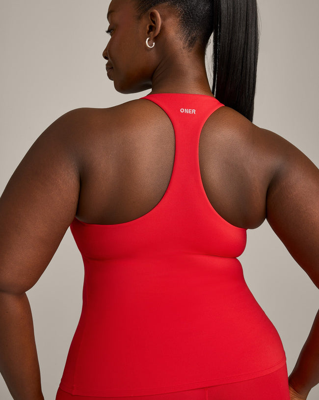 SoftMotion™ Racer Back Vest with Built in Bra Shelf with Gray Logo | Fiery Red