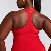 SoftMotion™ Racer Back Tank Top with Built in Bra Shelf with Gray Logo | Fiery Red
