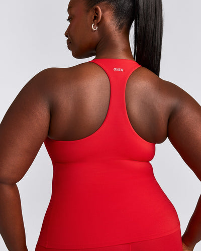 SoftMotion™ Racer Back Tank Top with Built in Bra Shelf with Gray Logo | Fiery Red
