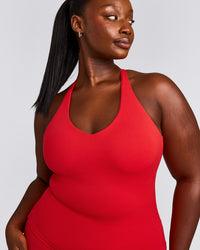 SoftMotion™ Racer Back Tank Top with Built in Bra Shelf with Gray Logo | Fiery Red