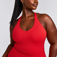SoftMotion™ Racer Back Tank Top with Built in Bra Shelf with Gray Logo | Fiery Red