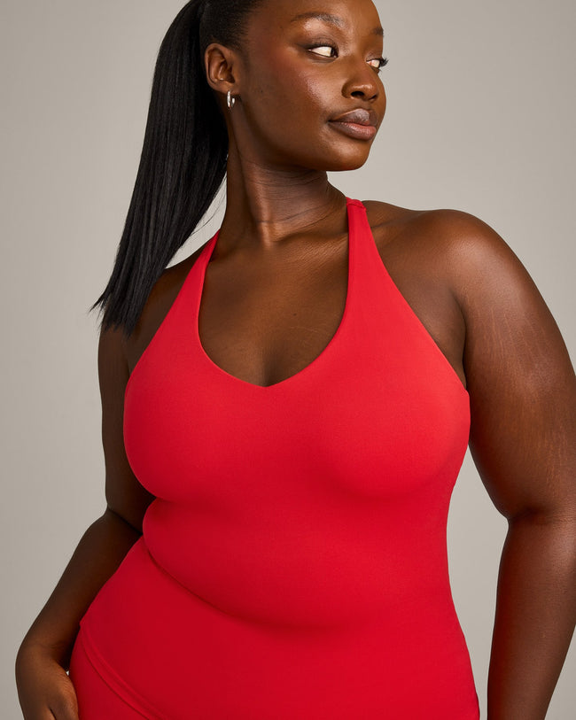 SoftMotion™ Racer Back Vest with Built in Bra Shelf with Gray Logo | Fiery Red