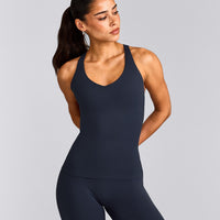SoftMotion™ Racer Back Tank Top with Built in Bra Shelf with Gray Logo | True Blue
