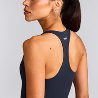 SoftMotion™ Racer Back Tank Top with Built in Bra Shelf with Gray Logo | True Blue