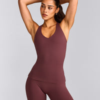 SoftMotion™ Racer Back Tank Top with Built in Bra Shelf with Gray Logo | Velvet Mocha