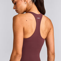 SoftMotion™ Racer Back Tank Top with Built in Bra Shelf with Gray Logo | Velvet Mocha
