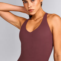 SoftMotion™ Racer Back Tank Top with Built in Bra Shelf with Gray Logo | Velvet Mocha