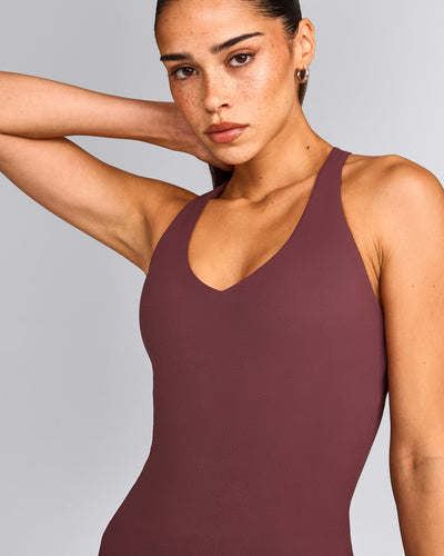 SoftMotion™ Racer Back Tank Top with Built in Bra Shelf with Gray Logo | Velvet Mocha