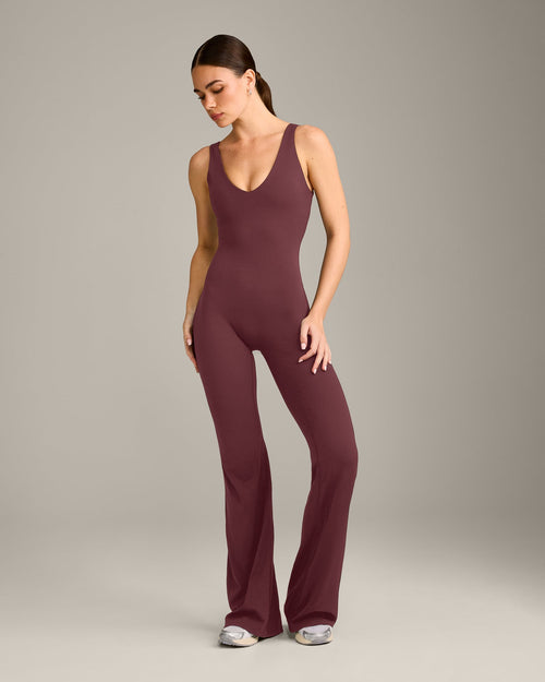 SoftMotion™ Scoop Back Flared All In One Long with Gray Logo | Velvet Mocha