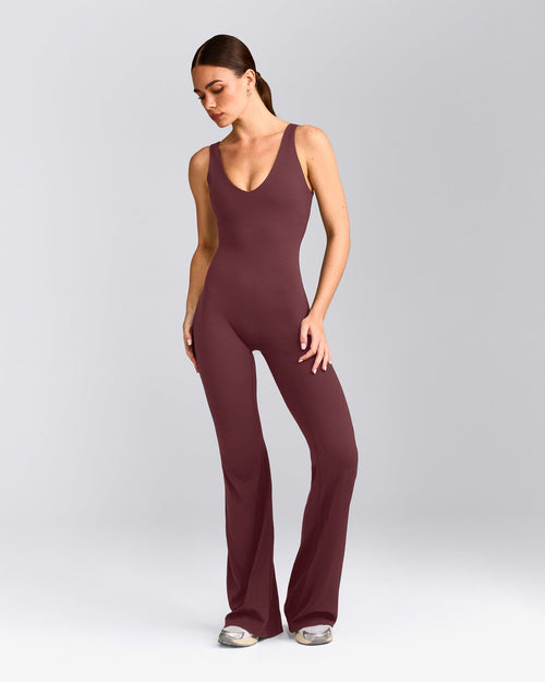 SoftMotion™ Scoop Back Flared All In One Long with Gray Logo | Velvet Mocha