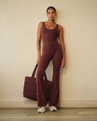 SoftMotion™ Scoop Back Flared All In One Long with Gray Logo | Velvet Mocha