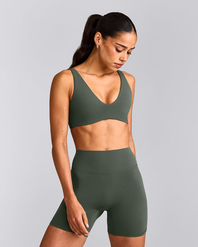 SoftMotion™ Scoop Back Bralette with Gray Logo | Dark Khaki