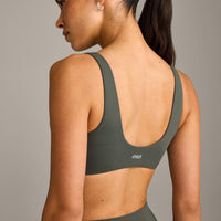 SoftMotion™ Scoop Back Bralette with Gray Logo | Dark Khaki